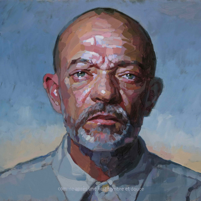 Oil on canvas self-portrait against a blue and yellow background by Laurent Dauptain titled "Autoportrait."