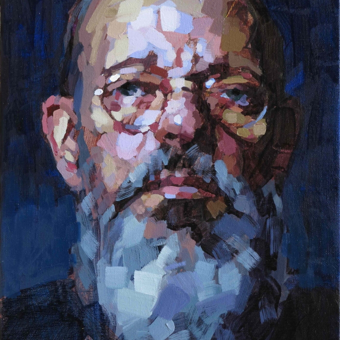 Oil on canvas self-portrait against a dark blue background by Laurent Dauptain titled "Autoportrait."