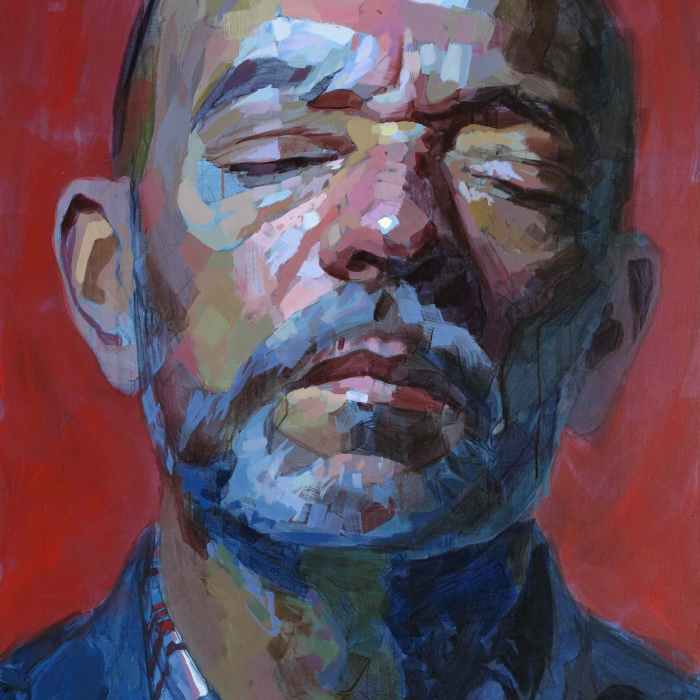 Oil on canvas self-portrait against a red background by Laurent Dauptain titled "Autoportrait."