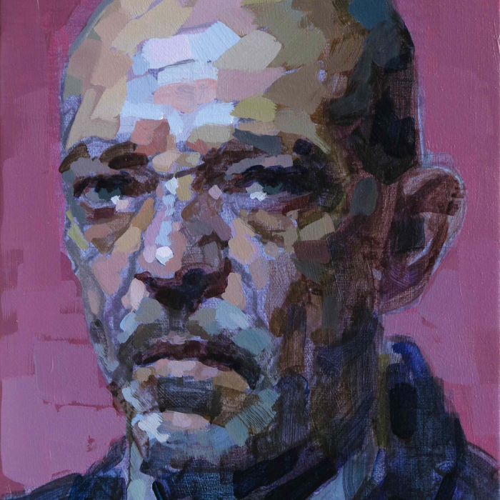 Oil on canvas self-portrait against a pink background by Laurent Dauptain titled "Autoportrait."