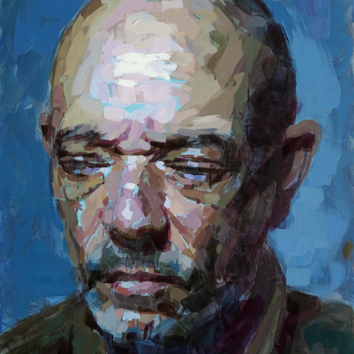 Oil on canvas self-portrait against a blue background by Laurent Dauptain titled "Autoportrait."