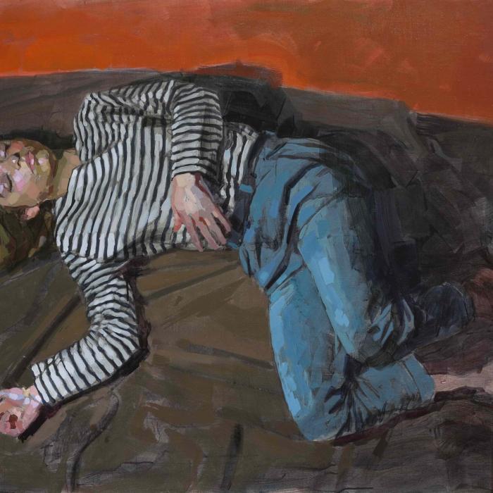 Oil on canvas painting of a clothed woman, presumably sleeping, on a brown blanket against an orange background by Laurent Dauptain titled "Endormie."