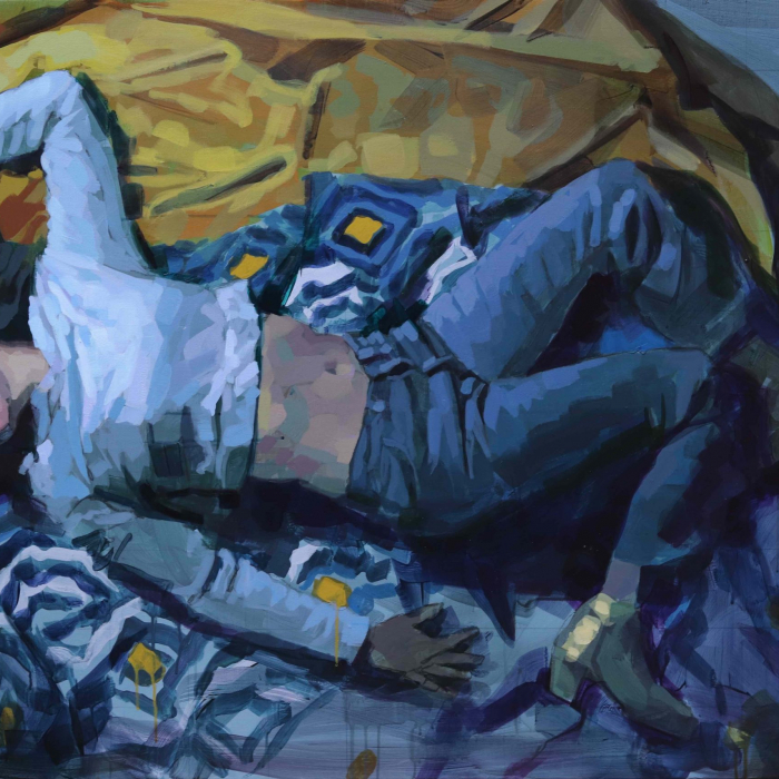 Oil on canvas painting of a clothed woman, presumably asleep, laying down on blue and yellow blankets by Laurent Dauptain titled "Luxe, Calme et Volupté."
