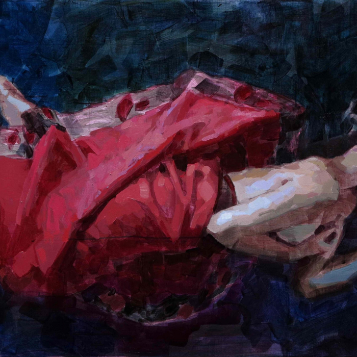Oil on canvas painting of a woman, either reclined or floating it is unclear, partially wrapped in a red cloth against a dark blue background by Laurent Dauptain titled "Ophélie."