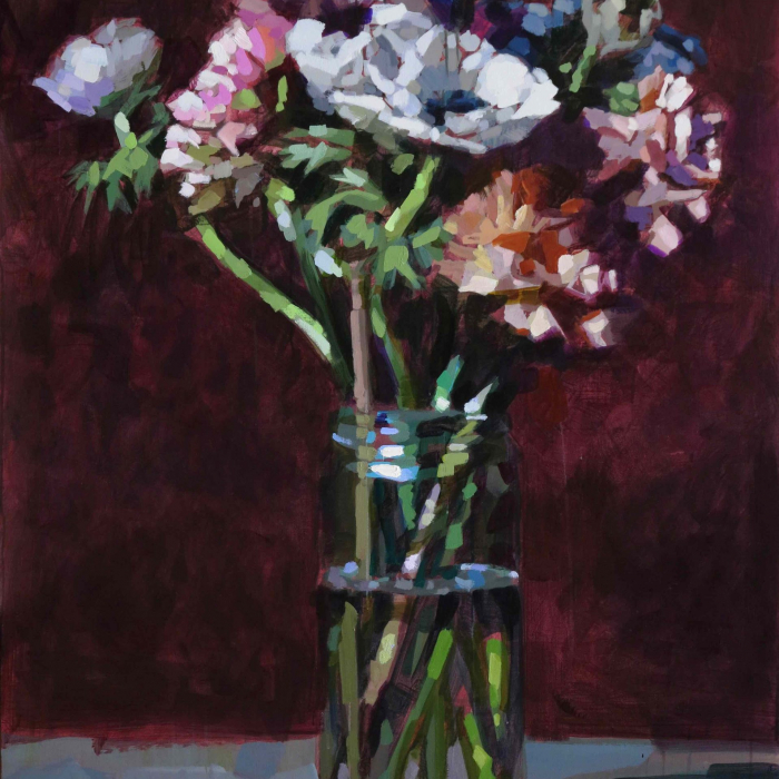 Oil on canvas still life painting of a vase of pink, white, orange, and blue flowers against a burgundy background by Laurent Dauptain titled "Pivoines et Anémones."