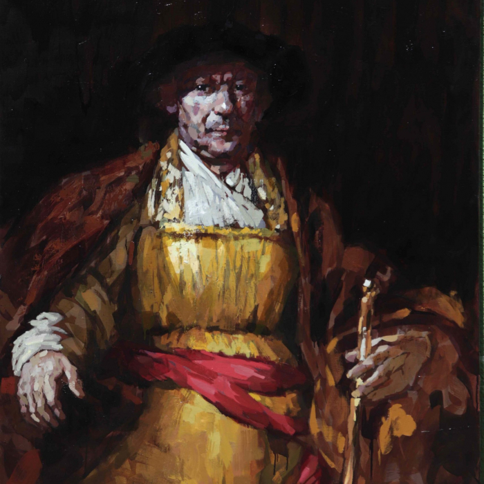 Oil on canvas portrait of Rembrandt in red and yellow robes and black hat by Laurent Dauptain titled "Rembrandt."