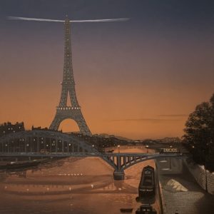 Lithograph of the Eiffel Tower viewed from Seine's promenade at sunset, sky and river lit orange, by Michel Delacroix titled "Tour Eiffel au Ciel Rouge."