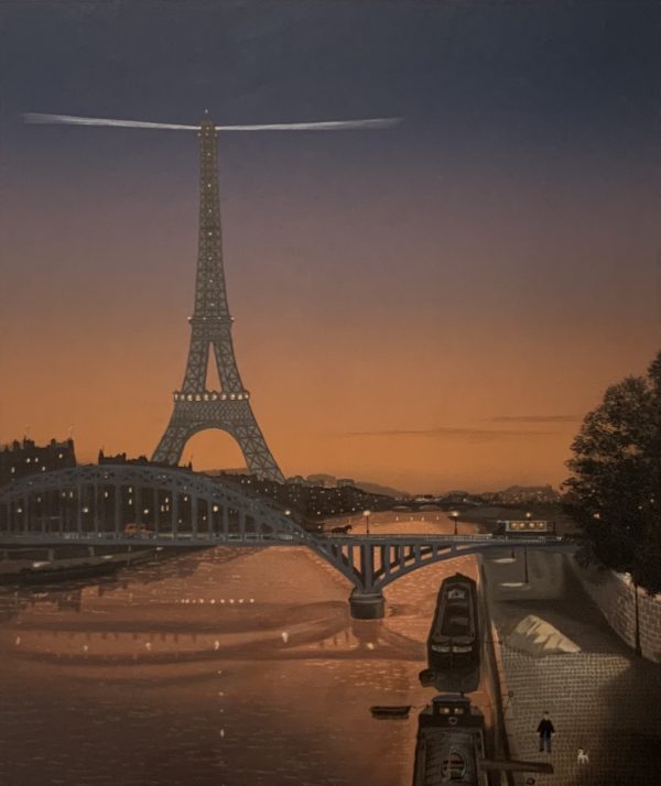 Lithograph of the Eiffel Tower viewed from Seine's promenade at sunset, sky and river lit orange, by Michel Delacroix titled "Tour Eiffel au Ciel Rouge."