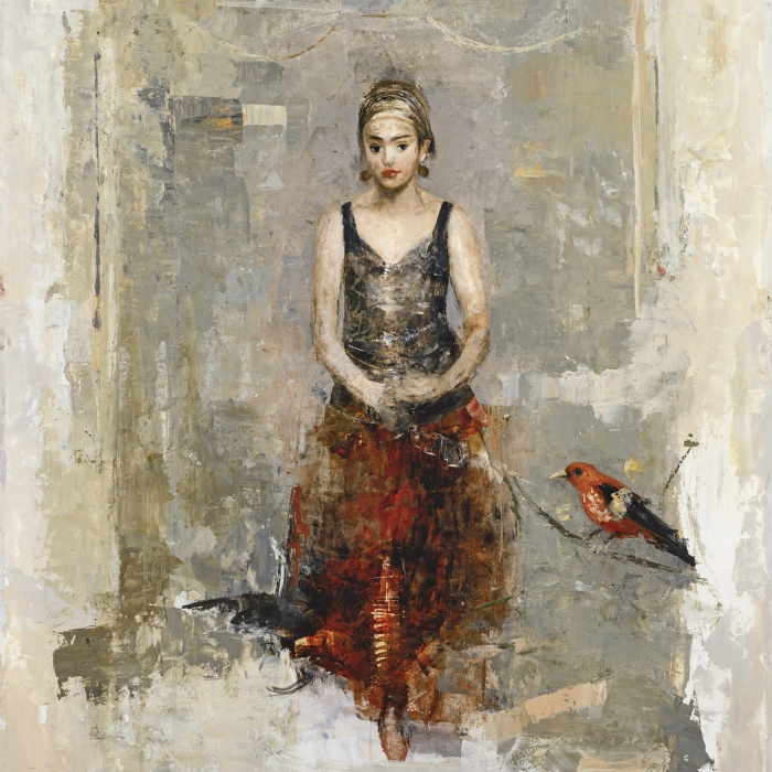 "Red skirt," mixes media on board, 51" x 35" (130 x 90cm)