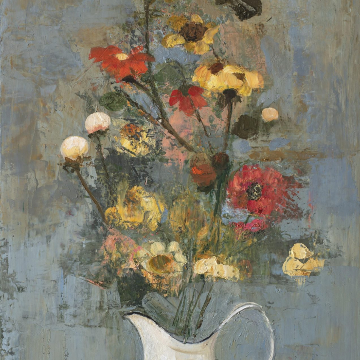 "Spring Flowers (white vase)," oil and wax on canvas, 39½" x 19¾" (100 x 50cm)