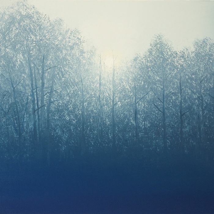 Oil on canvas painting of a forest, emerging as if from fog, entirely in shades of blue by Benoît Trimborn titled "Brouillard Bleu."