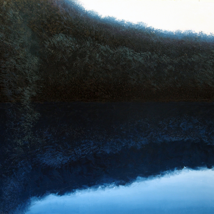 Oil on canvas painting of a dense tree canopy reflected in still, blue water by Benoît Trimborn titled &quot;Canopee Bleu.&quot;