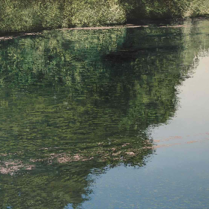 Oil on canvas painting of a lush, grassy bank and blue sky reflected in water by Benoît Trimborn titled &quot;Etang en Été.&quot;