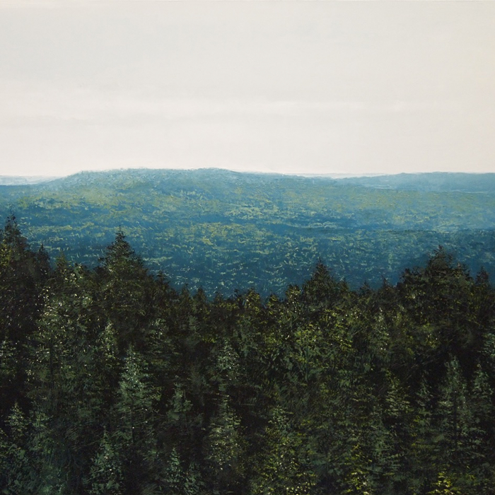 Oil on canvas painting of a view above the trees of rolling hills of forest beyond by Benoît Trimborn titled "Mont Saint-Odile."