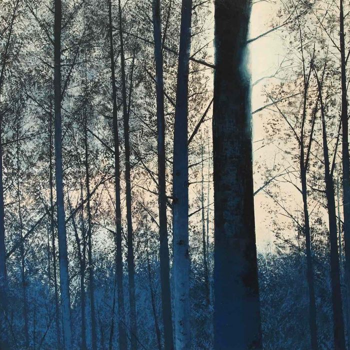 Oil on canvas painting of the sunshine glinting through a forest of trees entirely in shades of blue by Benoît Trimborn titled "Printemps Bleu."