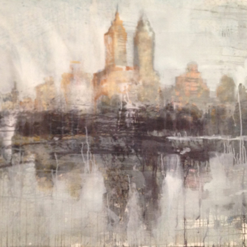 Watercolor on paper painting of New York City's West Side skyline, brightly lit and reflecting on the reservoir by Hugo Galerie artist Elizabeth Allison titled "Central Park West."