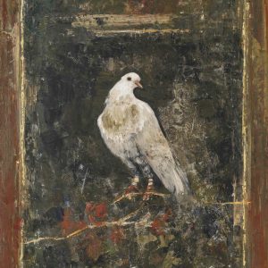 Limited edition marouflage of a white bird perched on a branch against a dark background by Goxwa titled "Bird of Pompei."