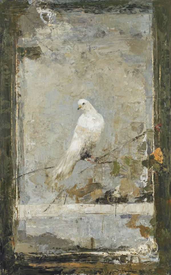 Limited edition marouflage of a white bird perched on a branch against a light background by Goxwa titled "Bird on Vine."