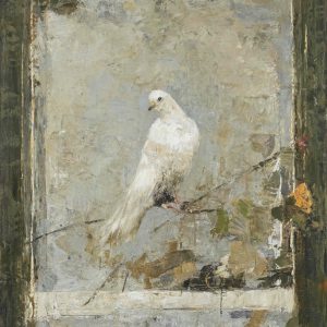 Limited edition marouflage of a white bird perched on a branch against a light background by Goxwa titled "Bird on Vine."