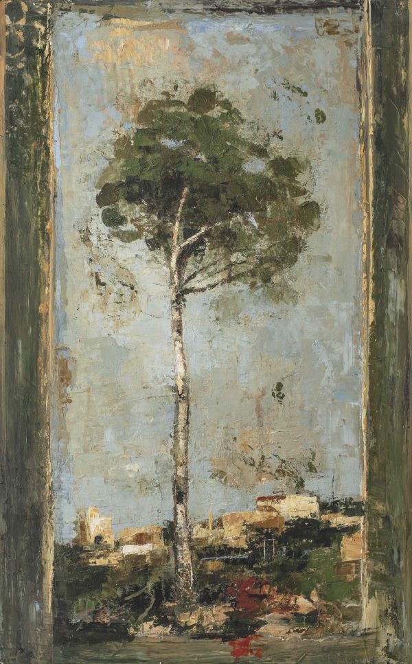 Limited edition marouflage of a tall, skinny tree against a light blue sky with small country homes in the distance by Goxwa titled "Evergreen."