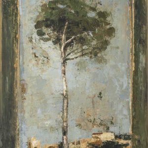 Limited edition marouflage of a tall, skinny tree against a light blue sky with small country homes in the distance by Goxwa titled "Evergreen."