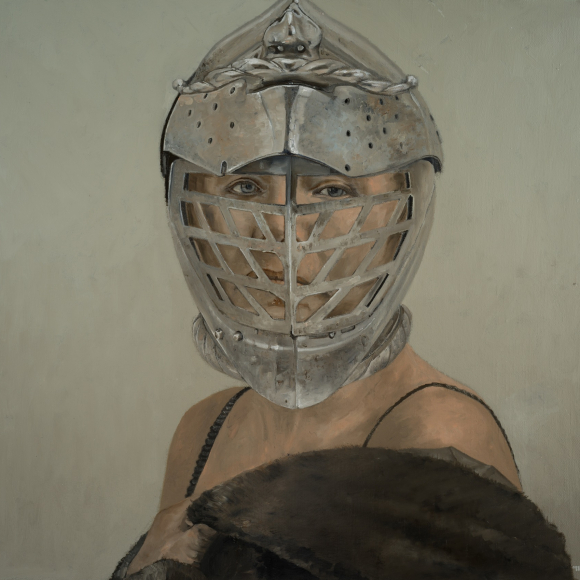 A caucasian woman faces the viewer wearing an ornate metal armor helmet and holding a brown fur coat over her shoulder in front of a grey background. oil on canvas painting by Patrick Pietropoli titled Behind the Helmet oil on linen 38 x 40 inches