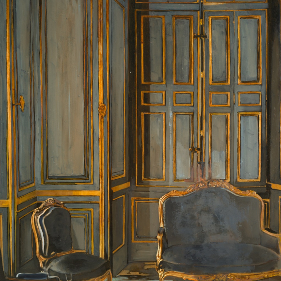 A blue grey room with gilded panelling and two ornate velvet grey blue chairs and a matching sofa. Oil on canvas painting by Patrick Pietropoli titled Boudoir, oil on linen 40 x 32 inches
