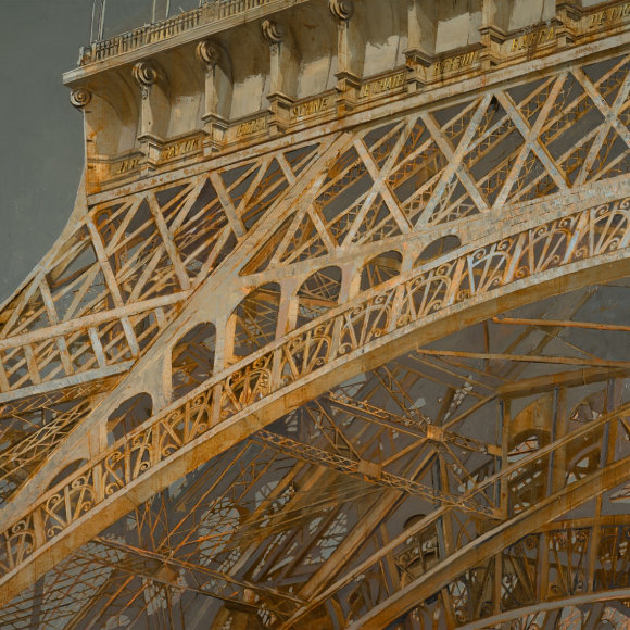 The lower left portion of the Eiffel Tower in Paris France fills the canvas with a grey blue background. oil on canvas painting by Patrick Pietropoli titled Eiffel Tower detail , oil on linen 38 x 40 inches