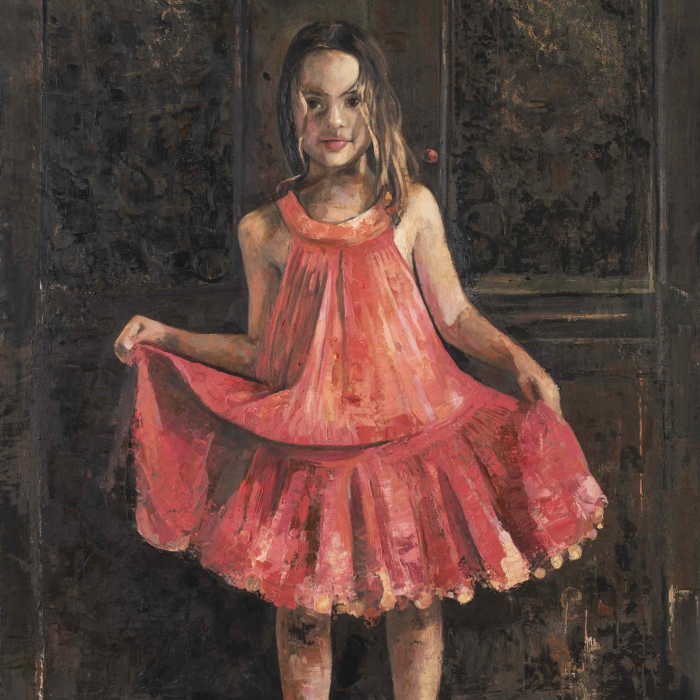 Oil and wax on canvas painting of a young girl standing proudly in a pink dress in front of an old wooden door by Goxwa titled "Pink Dress."