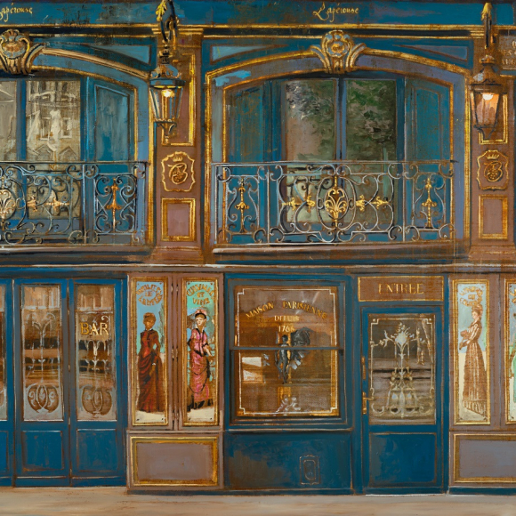 A dark blue teal ornate Parisian building shop front with gold window frames and balconies. Oil painting by Patrick Pietropoli titled La Perouse, oil on linen 34 x 52 inches