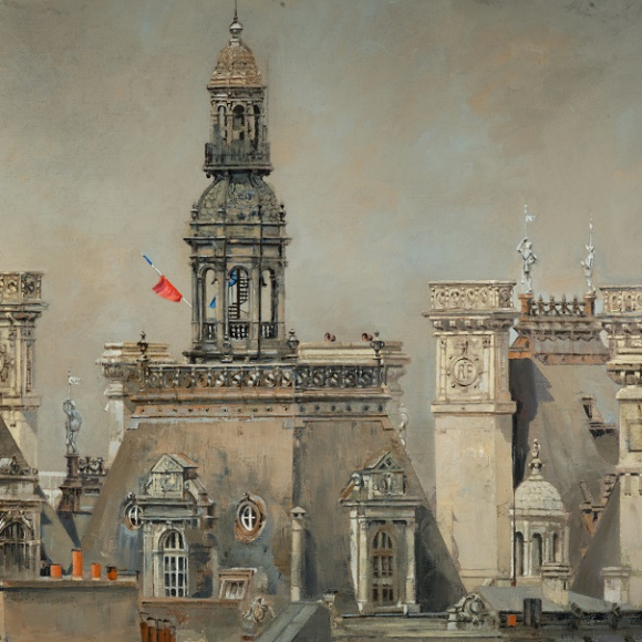 The rooftops of ornate beaux arts buildings in Paris France in front of a grey blue sky. Oil on canvas painting by Patrick Pietropoli titled Paris, Hotel de Ville, oil on linen 38 x 78 inches