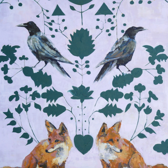 Oil on canvas painting of two foxes, two crows, and graphic green foliage arranged in a near reflection against a lilac background by Brian Keith Stephens titled "Not All Songs Are Worth Singing."