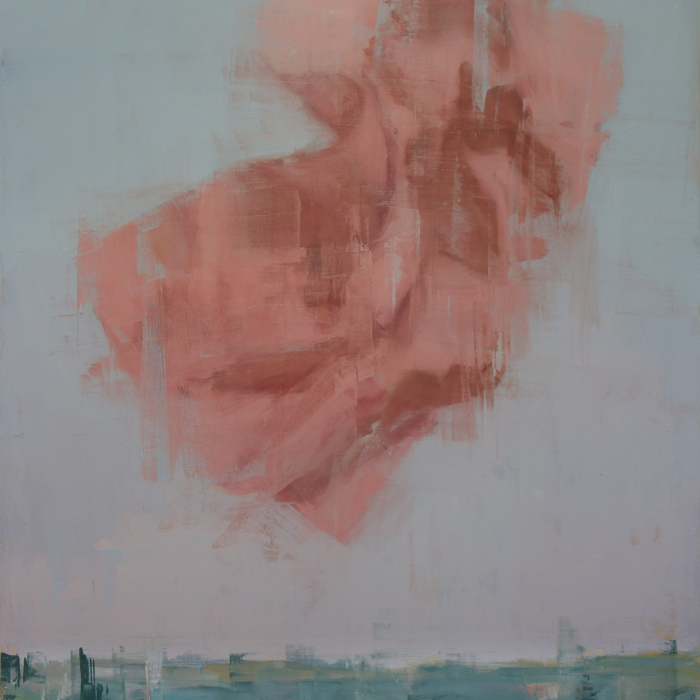 Oil on canvas painting of an abstracted pink form floating in a grey blue sky above a teal landscape by Joseph Adolphe titled "The Justification."