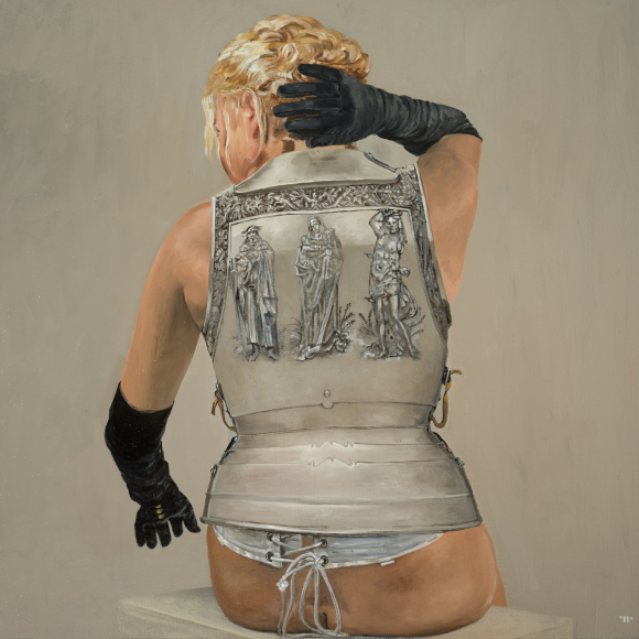 A woman with blonde hair sits with her back facing the viewer in front on a pale grey background she is naked except for a pair of long black satin gloves and a metal armor bodice. Oil on canvas painting by Patrick Pietropoli titled The Armor, oil on linen, 38 x 40 in