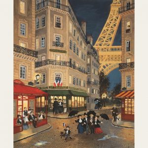 Limited edition print of an autumn evening walking past Parisian restaurants by Fabienne Delacroix titled "Mi Novembre."