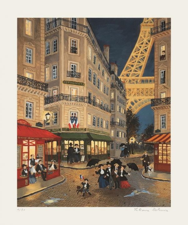 Limited edition print of an autumn evening walking past Parisian restaurants by Fabienne Delacroix titled "Mi Novembre."