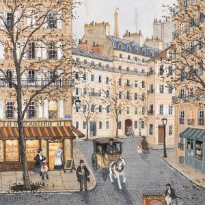 Limited edition print of an autumn afternoon walking past Parisian shops by Fabienne Delacroix titled "Fin Novembre."