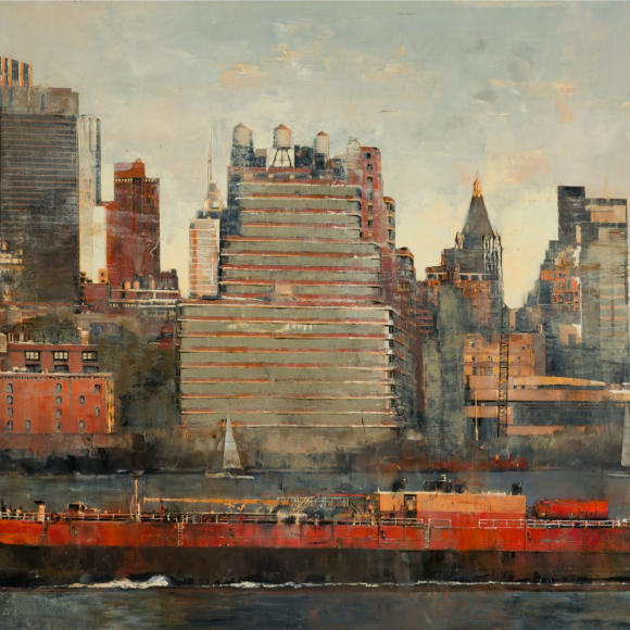 "Tugboat on Hudson River," oil on linen, 32" x 72" (81 x 183cm)
