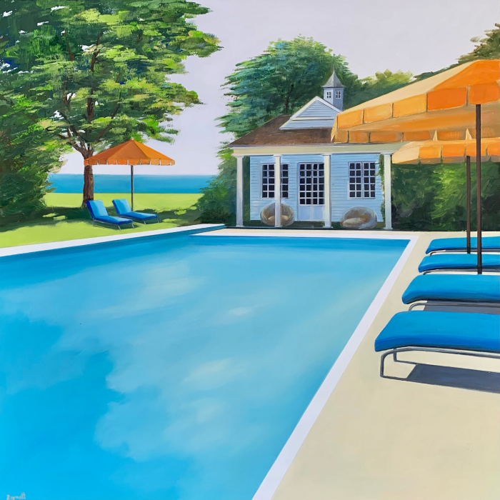 Acrylic and oil on canvas painting of a modern home and infinite swimming pool in sunny California with the Pacific Ocean in the background by Daniel Raynott titled "The Open Sea