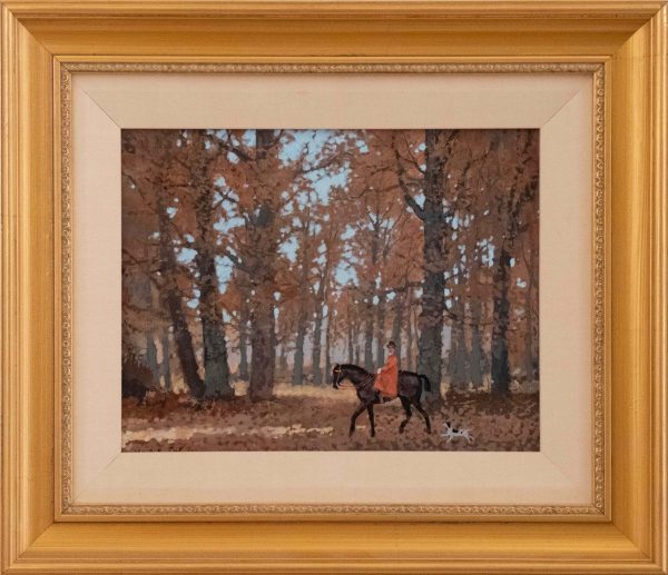 Acrylic on board painting of belle epoque France including a woman on horseback being and her dog surrounded by an autumnal forest by Michel Delacroix titled "L'Amazone." In a gold frame.