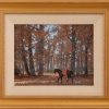 Acrylic on board painting of belle epoque France including a woman on horseback being and her dog surrounded by an autumnal forest by Michel Delacroix titled "L'Amazone." In a gold frame.