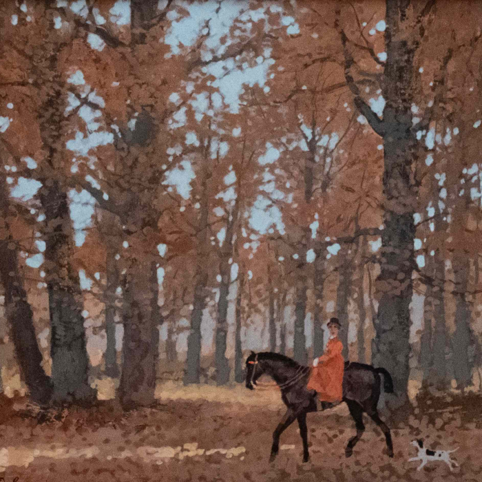 Acrylic on board painting of belle epoque France including a woman on horseback being and her dog surrounded by an autumnal forest by Michel Delacroix titled "L'Amazone."
