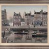 Oil on canvas painting of belle epoque Paris including storefronts, carriages, amblers, and boats on the Seine by Michel Delacroix titled "La Belle du Jour." In a silver frame.