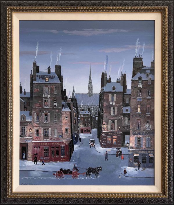 Acrylic on canvas painting of belle epoque Paris in winter including storefronts, smoky chimneys, amblers, and a horse-drawn carriage by Michel Delacroix titled "La Sainte Chapelle, Soir de Neige." In a black and gold frame.