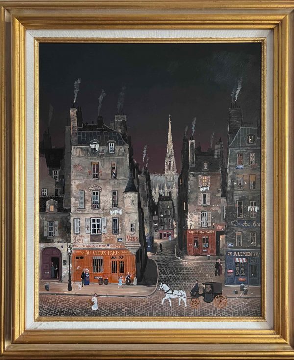 Oil on canvas painting of belle epoque Paris at night including storefronts, smoky chimneys, amblers, and a horse-drawn carriage by Michel Delacroix titled "La Sainte Chapelle la Nuit." In a gold frame.