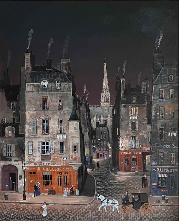 Oil on canvas painting of belle epoque Paris at night including storefronts, smoky chimneys, amblers, and a horse-drawn carriage by Michel Delacroix titled "La Sainte Chapelle la Nuit."