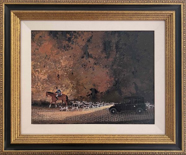 Acrylic on board painting of belle epoque France including a man on horseback accompanied by his pack of beagles under autumnal foliage and illuminated by the headlights of a black car by Michel Delacroix titled "Retour de Chasse." In a black and gold frame.