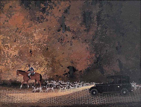 Acrylic on board painting of belle epoque France including a man on horseback accompanied by his pack of beagles under autumnal foliage and illuminated by the headlights of a black car by Michel Delacroix titled "Retour de Chasse."