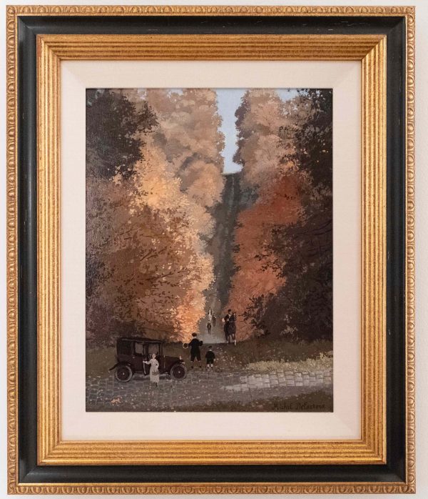 Acrylic on board painting of belle epoque France including a man on horseback and a family stepping out of their car sharing a country road amidst the autumnal foliage by Michel Delacroix titled "Souvenire de Chasse." In a black and gold frame.