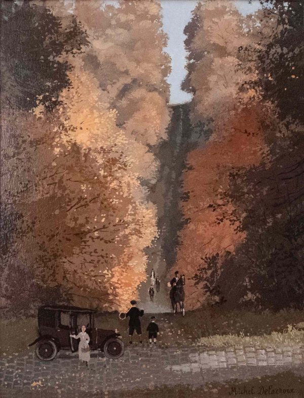 Acrylic on board painting of belle epoque France including a man on horseback and a family stepping out of their car sharing a country road amidst the autumnal foliage by Michel Delacroix titled "Souvenire de Chasse."